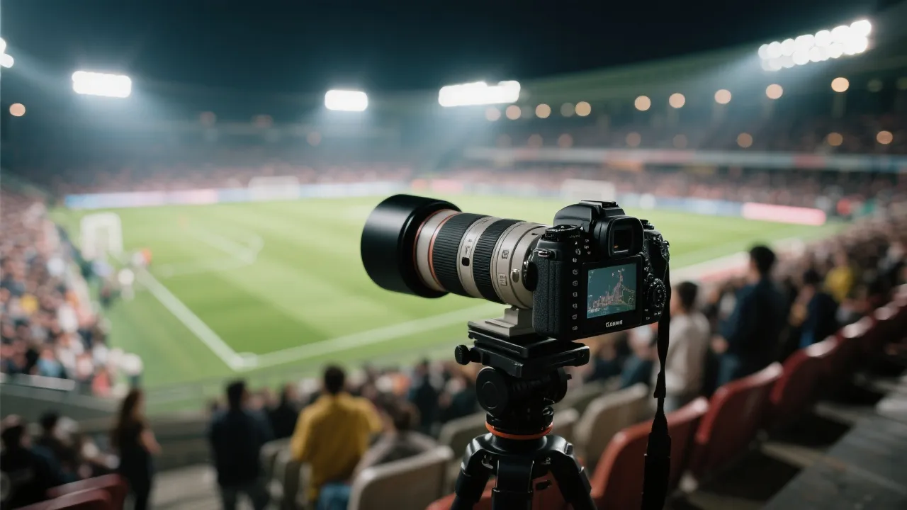 相机在球场看台上的拍摄配置示意，长焦镜头与参数设置的视觉化呈现