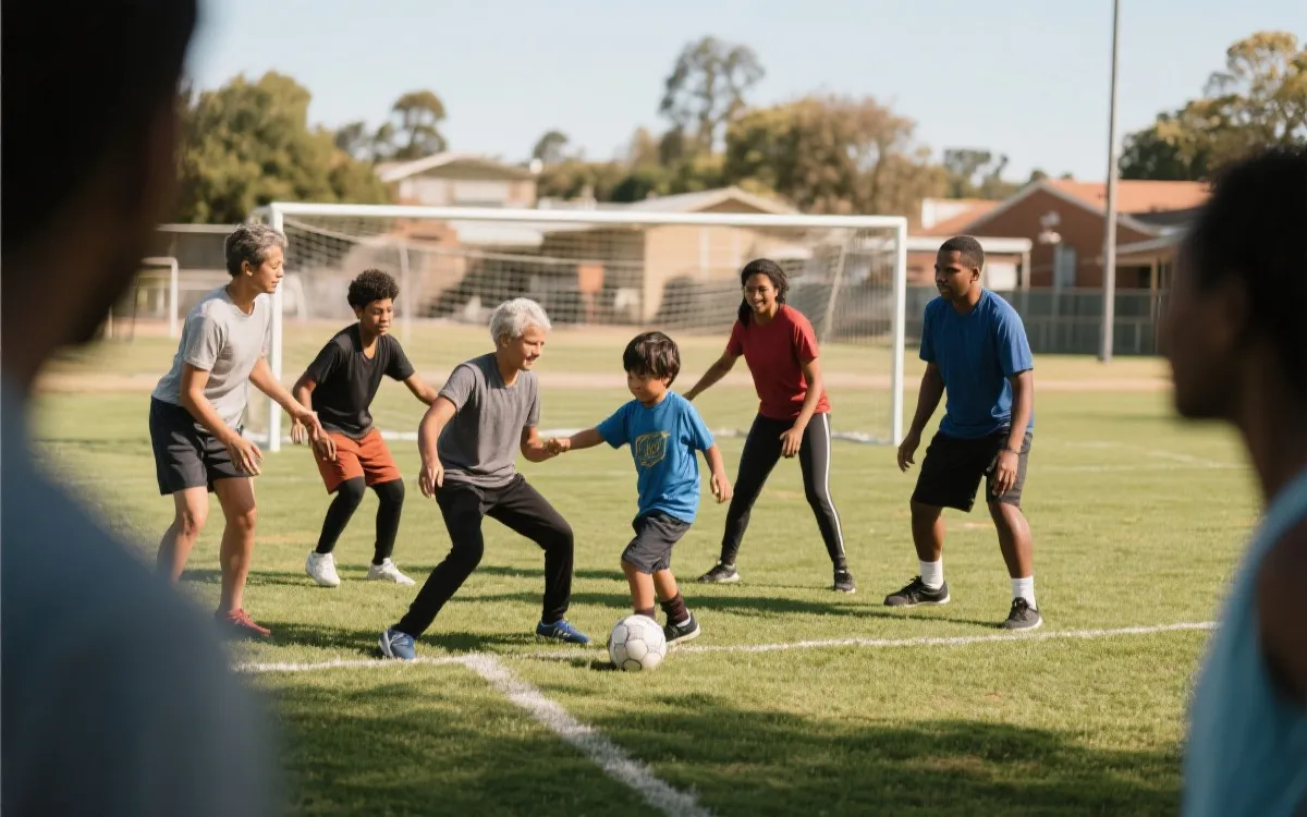社区足球项目中不同年龄与背景的人在同一块球场训练与互动