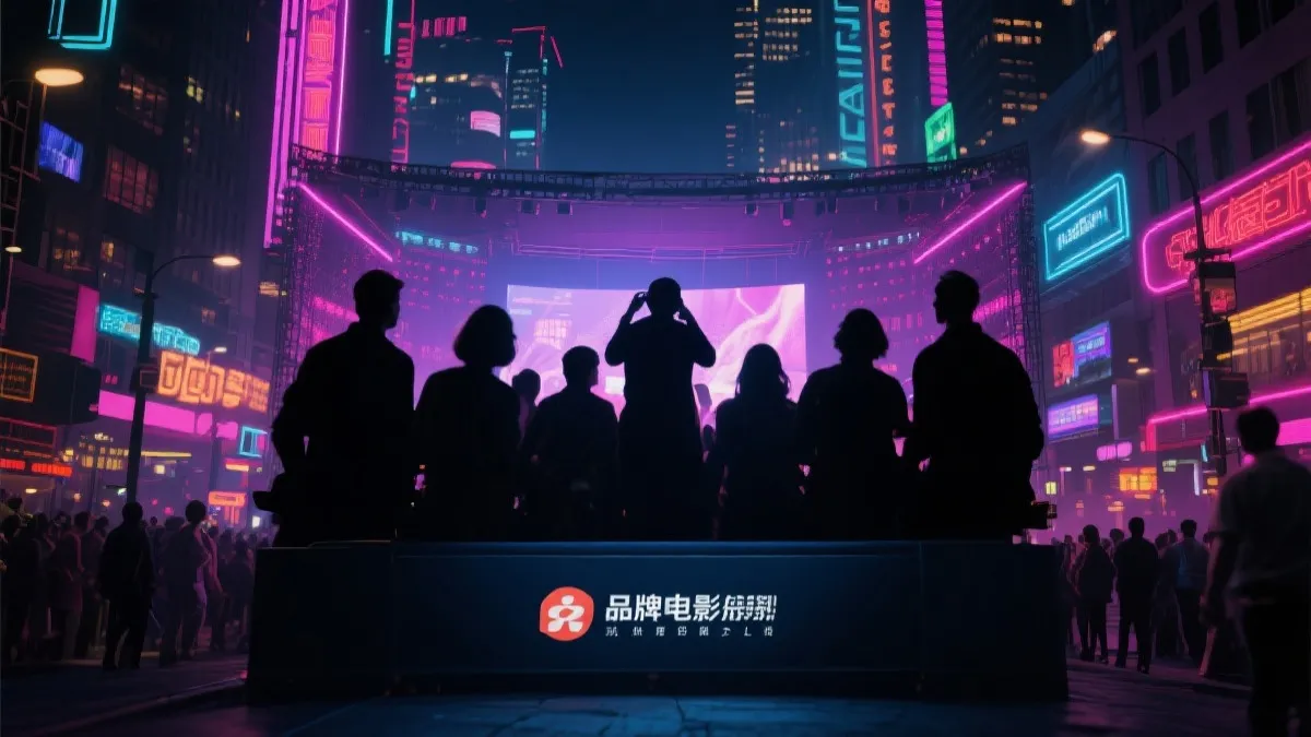 城市夜晚的球迷观赛场景：街边大屏、氛围灯、留白区域用于品牌信息