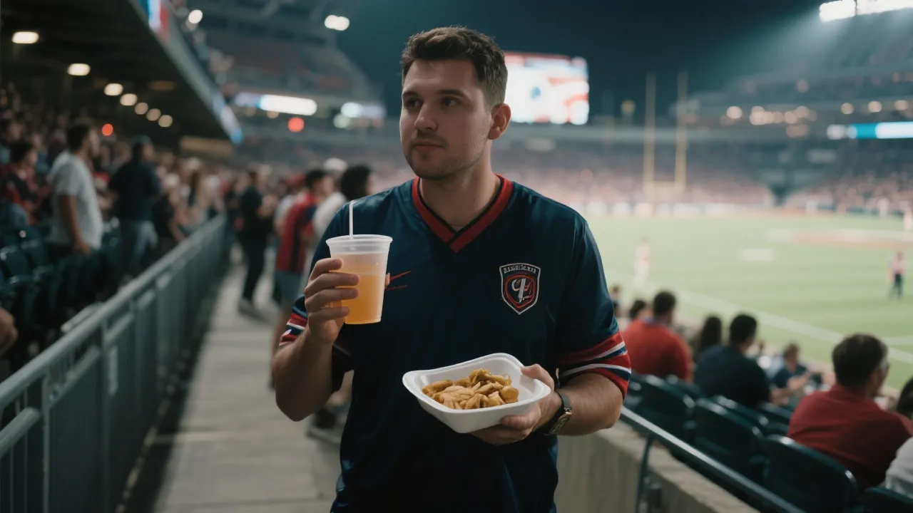 球迷在看台走道拿着热狗与小吃，背景是灯光与人群，旅行观赛生活方式