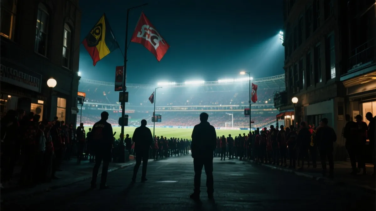 球迷在城市夜景与球场灯光之间步行，世界杯淘汰赛观赛旅行氛围