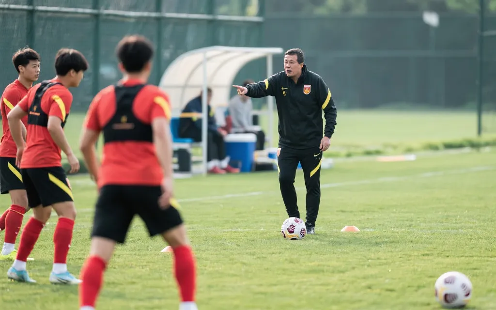 教练在训练场边指挥球队进行战术演练的画面，突出战术细节与专注