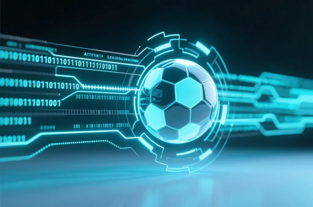 Abstract representation of artificial intelligence and machine learning with glowing soccer ball icon and data streams